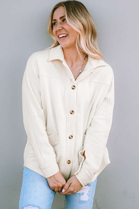 Beige Button-Up Stitching Pocket Raw Hem Shacket