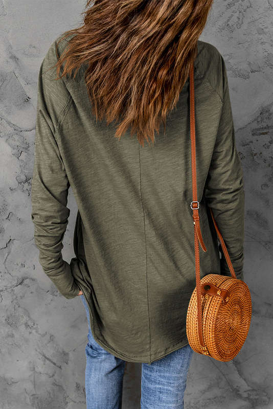Green Solid Crew Neck Long Sleeve Long Sweatshirt