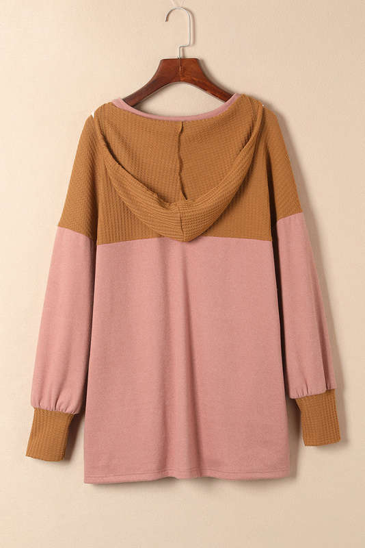 Brown Waffle Knit Patchwork Drawstring V Neck Hoodie