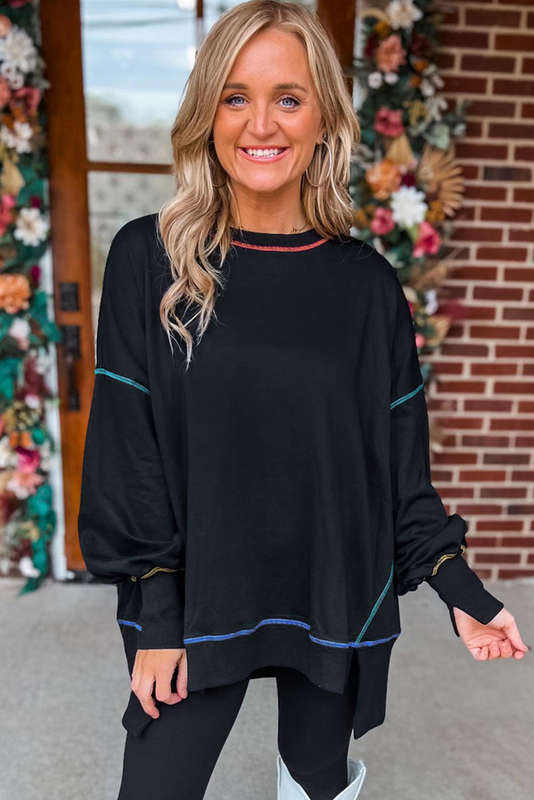 Black Contrast Stitching Split Baggy Sweatshirt