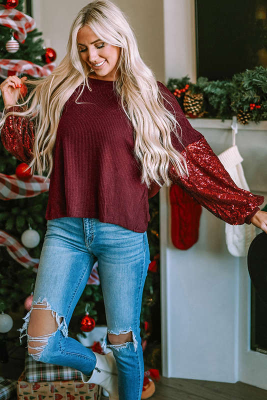Biking Red Sequin Patchwork Sleeve Open Back Waffle Knit Top