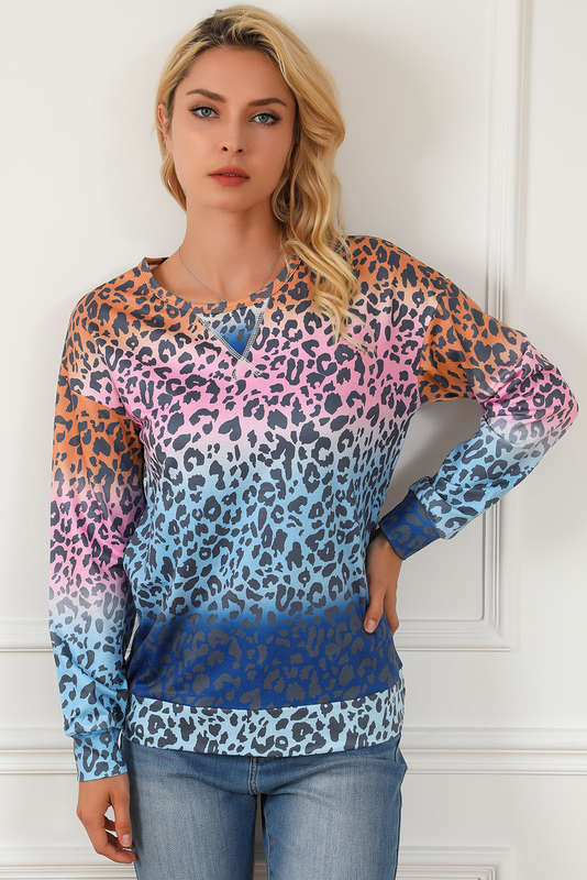 Multicolor Gradient Leopard Print Pullover Sweatshirt