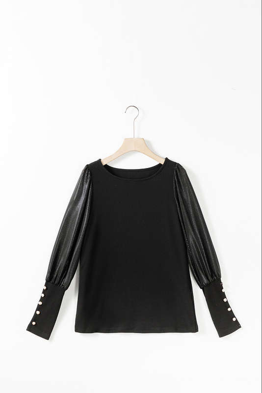 Black Buttoned Cuffs Shiny Puff Sleeves Top