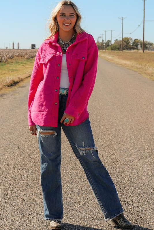 Dark Pink Faux Suede Sherpa Patchwork Button-up Shacket