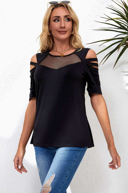 Black Fishnet Splicing Strappy Cutout Shoulder Sleeve Top