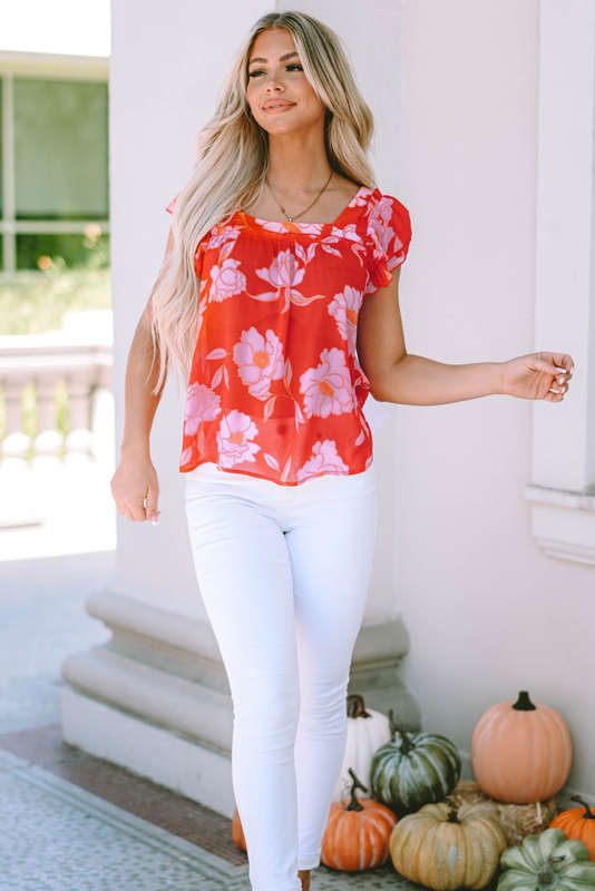 Red Floral Square Neck Ruffle Sleeve Blouse