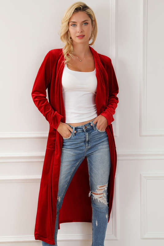 Red Velvet Open Front Pocketed Long Duster