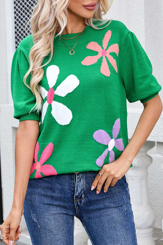 Green Knitted V-Neck Casual Top with Raw Seam Detail