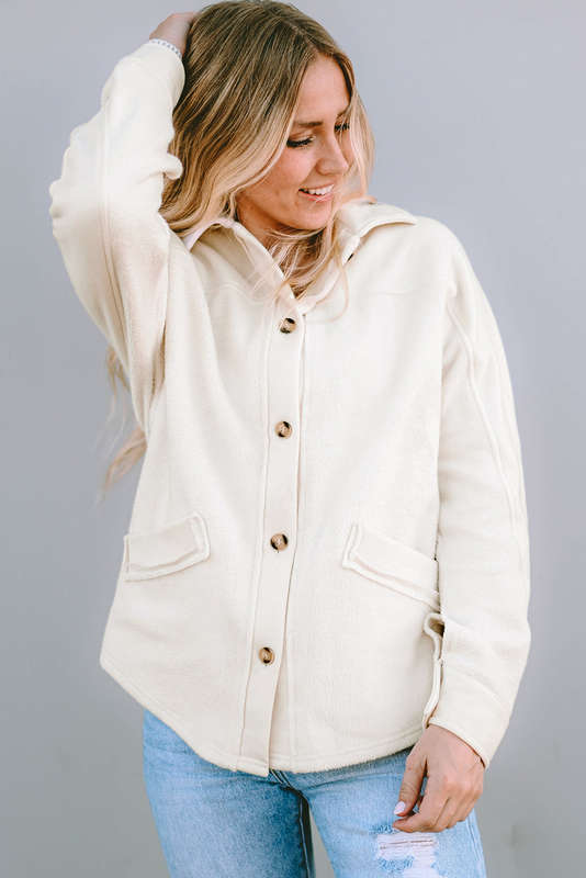 Beige Button-Up Stitching Pocket Raw Hem Shacket