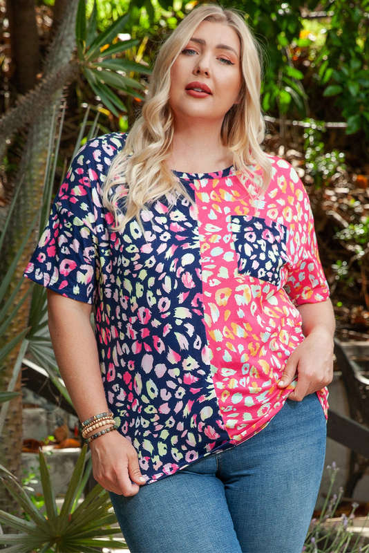 Plus Size Leopard Colorblock Short Sleeve Top