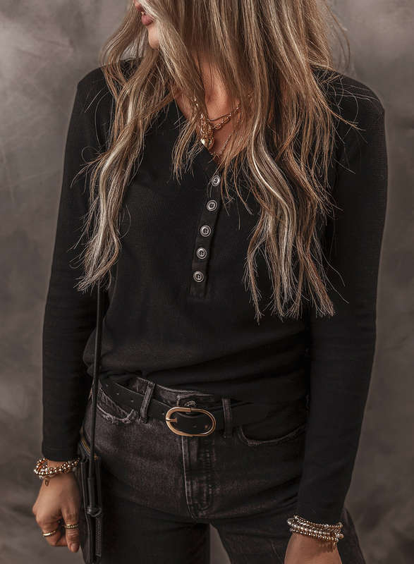 Black Buttoned V Neck Long Sleeve Ribbed Top