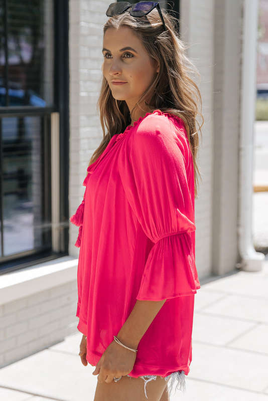 Rose Frilled Split V Neck Ruffled Sleeve Shift Top