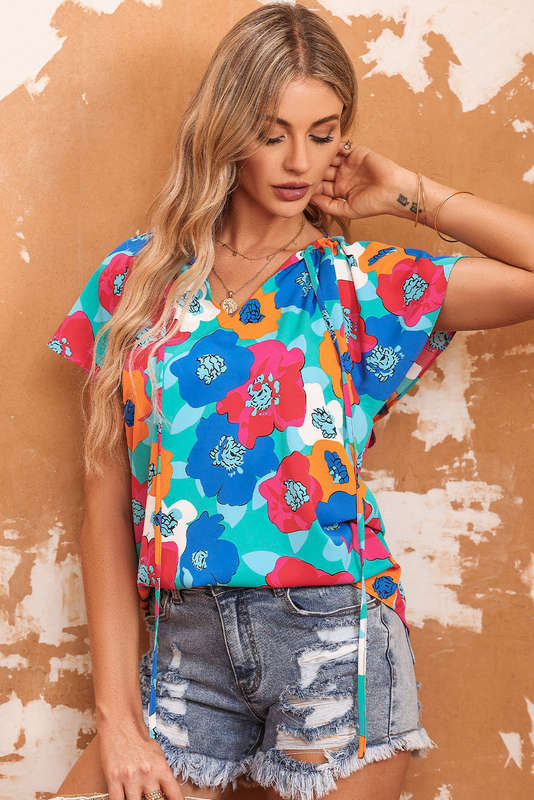 Multicolor Floral Print Drawstring V Neck Short Sleeve Blouse