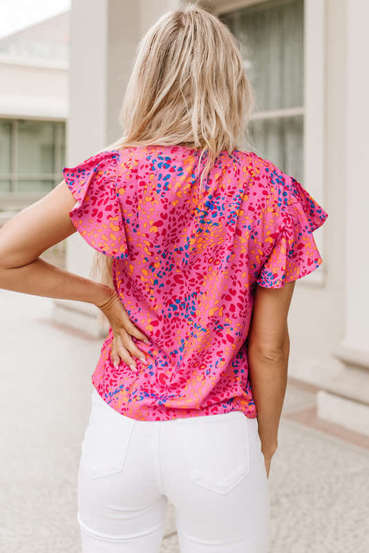 Red Leopard Print V Neck Flutter Sleeve Blouse