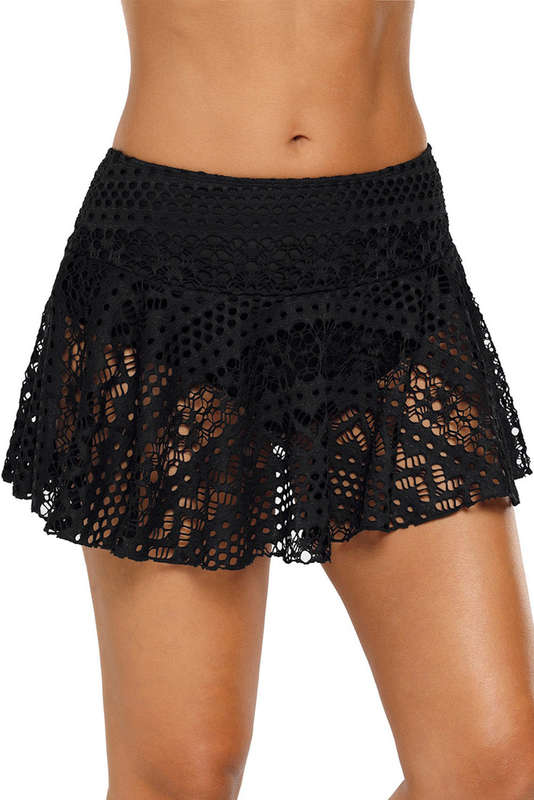 Black Black Crochet Lace Skirted Bikini Bottom