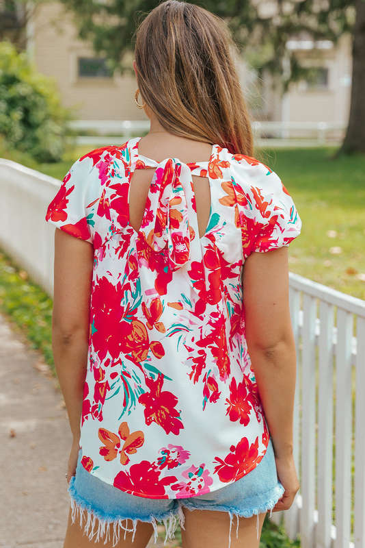 Red Floral Printed Embroidered Square Neck Blouse
