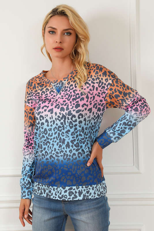 Multicolor Gradient Leopard Print Pullover Sweatshirt