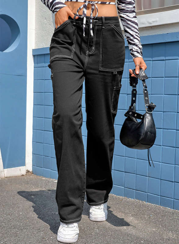 Black High Waist Straight Leg Cargo Pants with Pockets