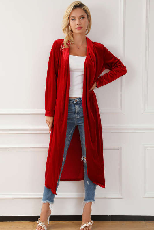 Red Velvet Open Front Pocketed Long Duster
