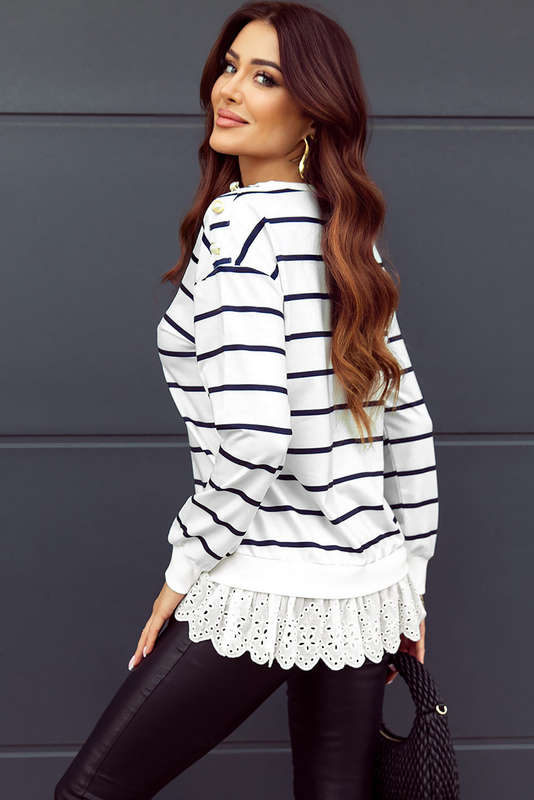White Striped Button Dropped Shoulder Lace Splicing Top