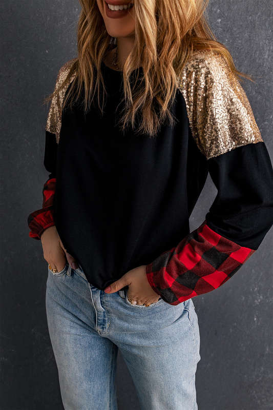 Crewneck Lantern Sleeve Plaid Sequin Splicing Pullover Sweatshirt