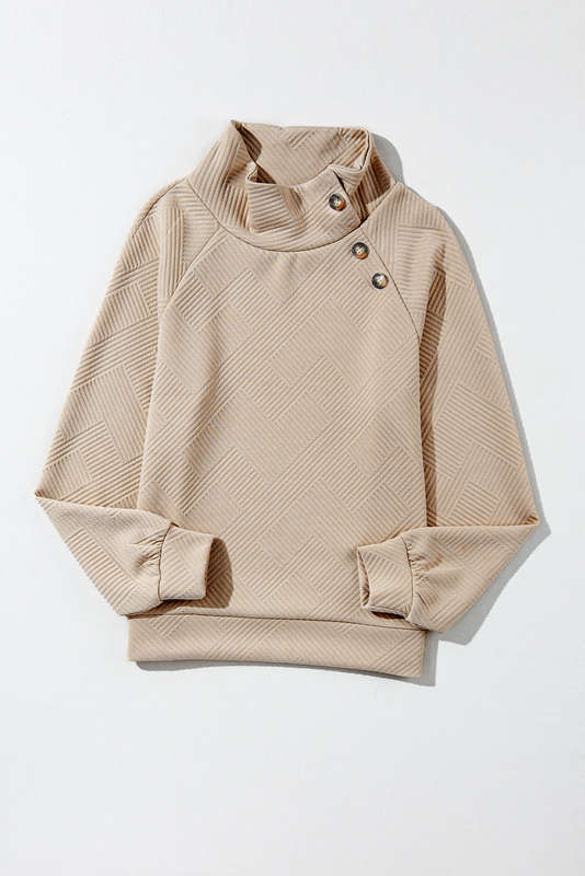Apricot  Asymmetric Buttons Detail High Neck Textured Sweatshirt