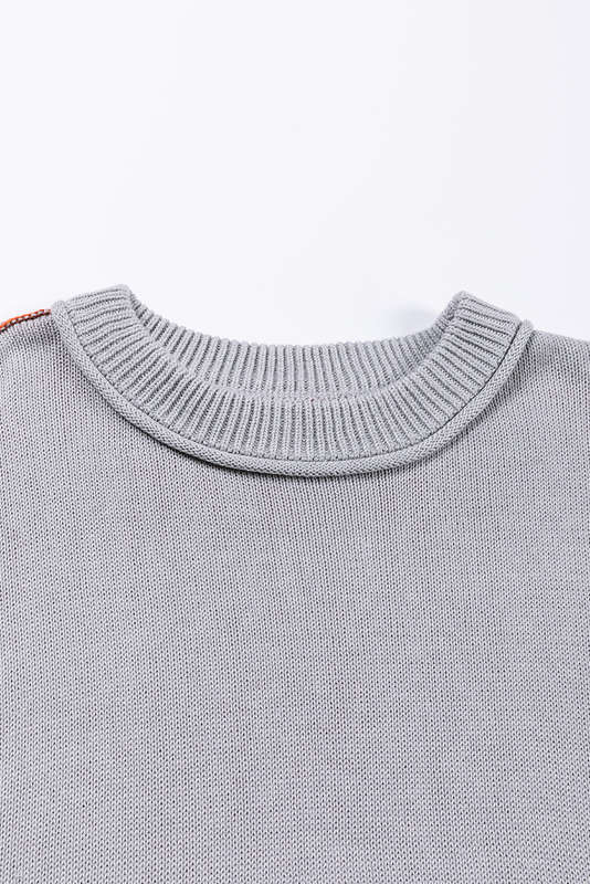Gray Colorblock Bishop Sleeve Ribbed Trim Sweater