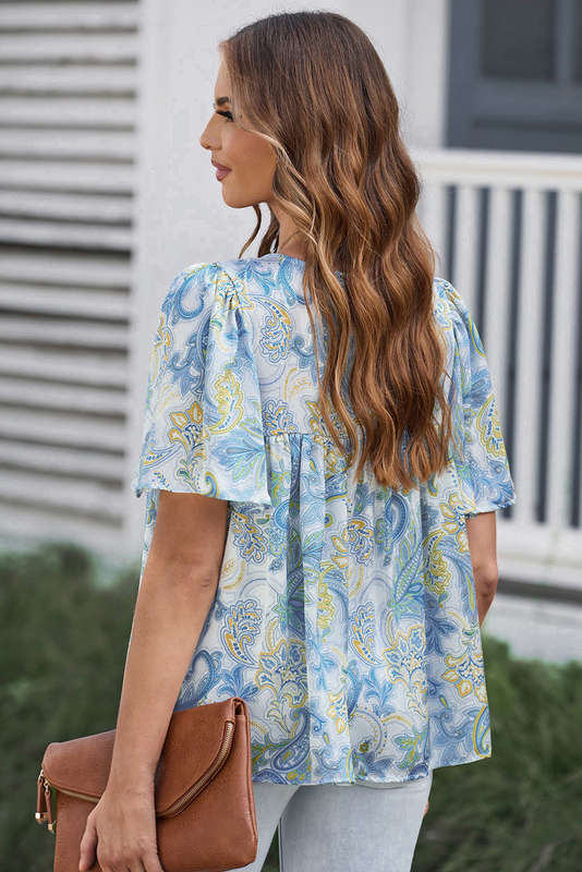 Blue V-Neck Knitted Summer Top with Exposed Seams