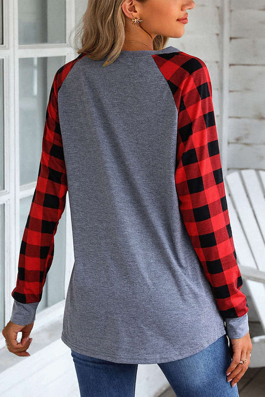 Red Plaid Raglan Long Sleeve Top
