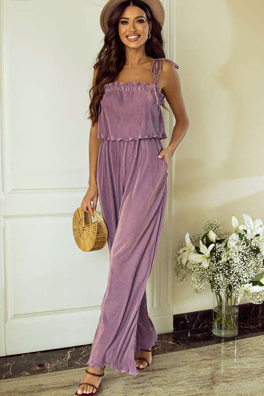 Rose Tan Solid Self Tied Straps Pleated Wide Leg Jumpsuit