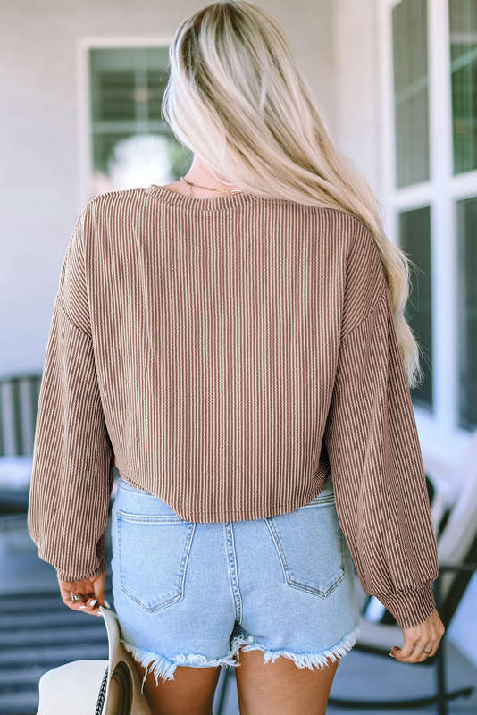 Khaki Cording Drop Shoulder Puff Sleeve Casual Blouse
