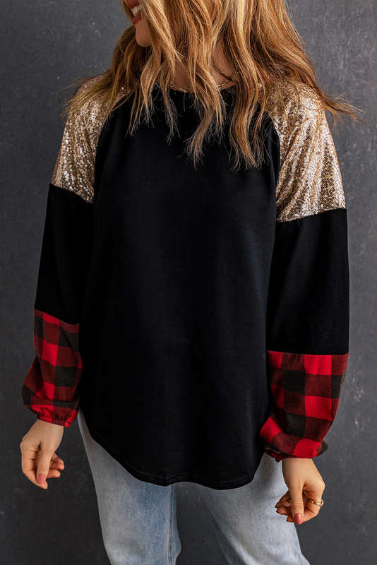 Crewneck Lantern Sleeve Plaid Sequin Splicing Pullover Sweatshirt