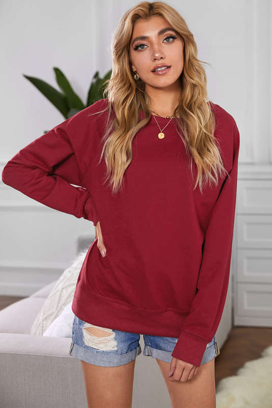 Wine Red Solid Crew Neck Pullover Sweatshirt