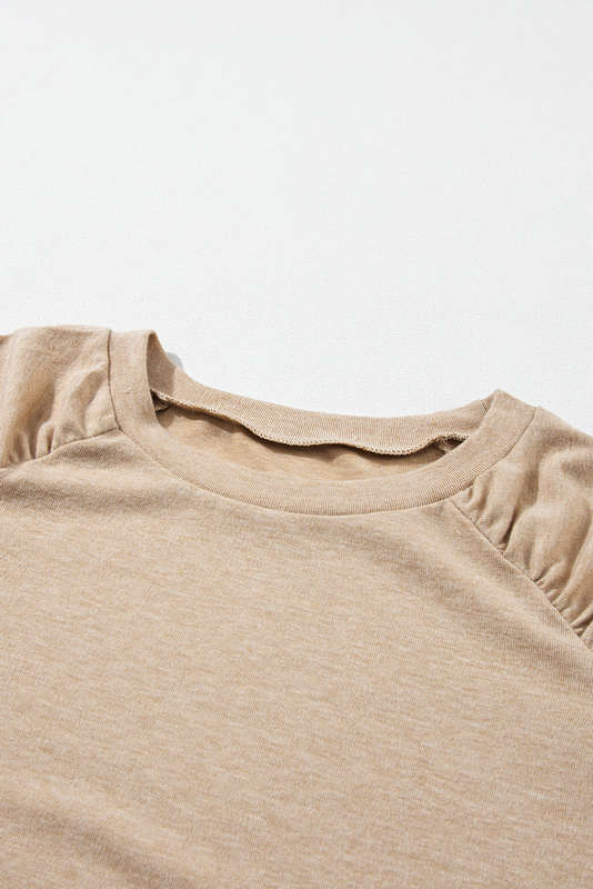 Pale Khaki Solid Ruched Raglan Sleeve Knit Top