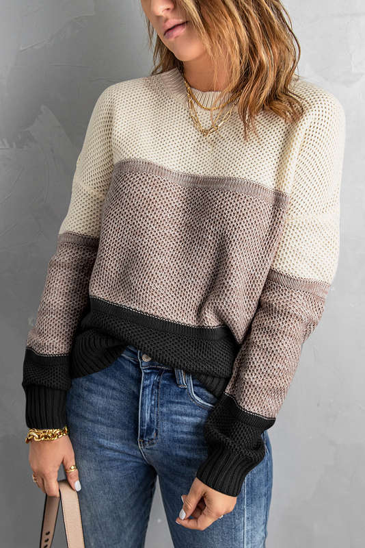 Black Color Block Netted Texture Pullover Sweater