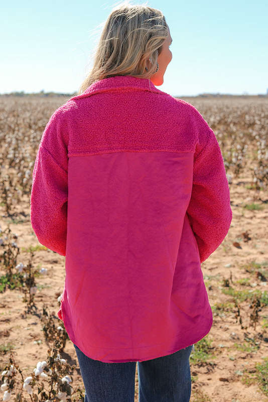 Dark Pink Faux Suede Sherpa Patchwork Button-up Shacket