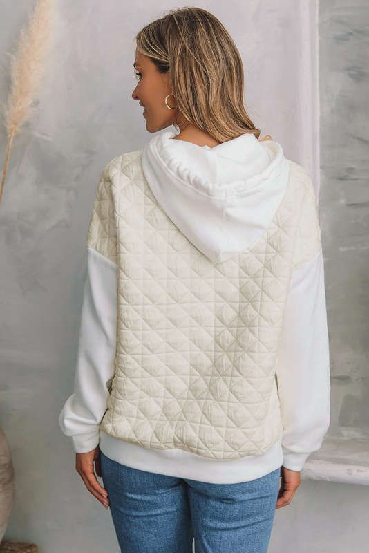 Beige Drop Shoulder Quilted Patchwork Kangaroo Pocket Hoodie