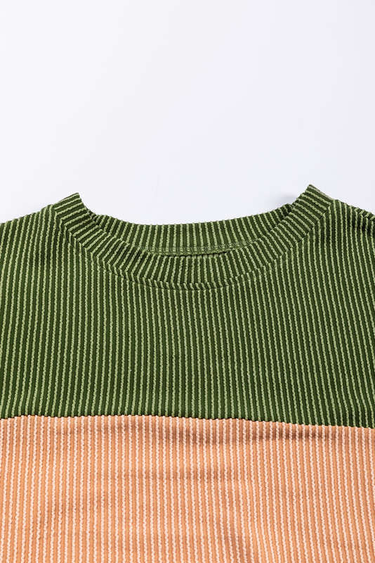 Green Color Block Long Sleeve Ribbed Loose Top