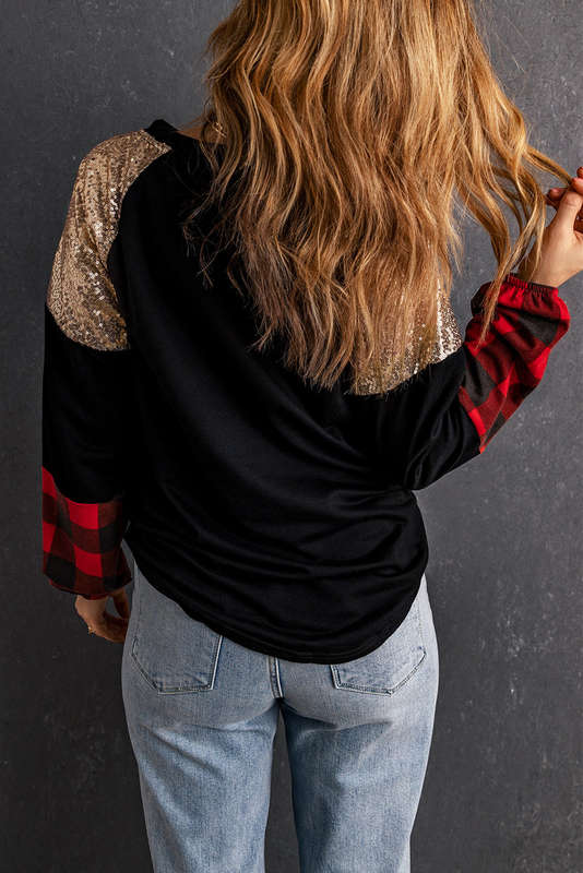 Crewneck Lantern Sleeve Plaid Sequin Splicing Pullover Sweatshirt