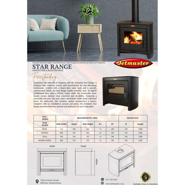 Jetmaster Vega Slow Combustion Stove Free-Standing/Built-In Fireplace | 15KW