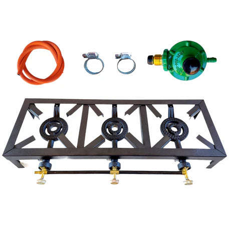 3 Burner, Triple Gas Burner, 4 Legged with Hose And Regulator Set