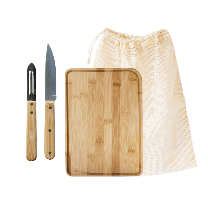 Pebbly Chef Set: 1 Cutting board, 1 Peeler, 1 Paring Knife & 1 Vegetable Bag