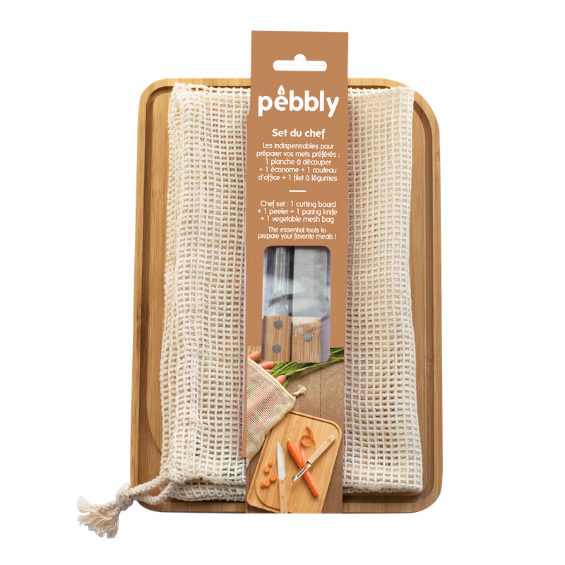 Pebbly Chef Set: 1 Cutting board, 1 Peeler, 1 Paring Knife & 1 Vegetable Bag