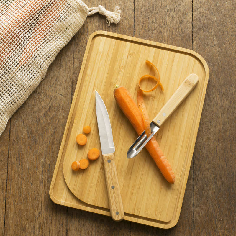 Pebbly Chef Set: 1 Cutting board, 1 Peeler, 1 Paring Knife & 1 Vegetable Bag