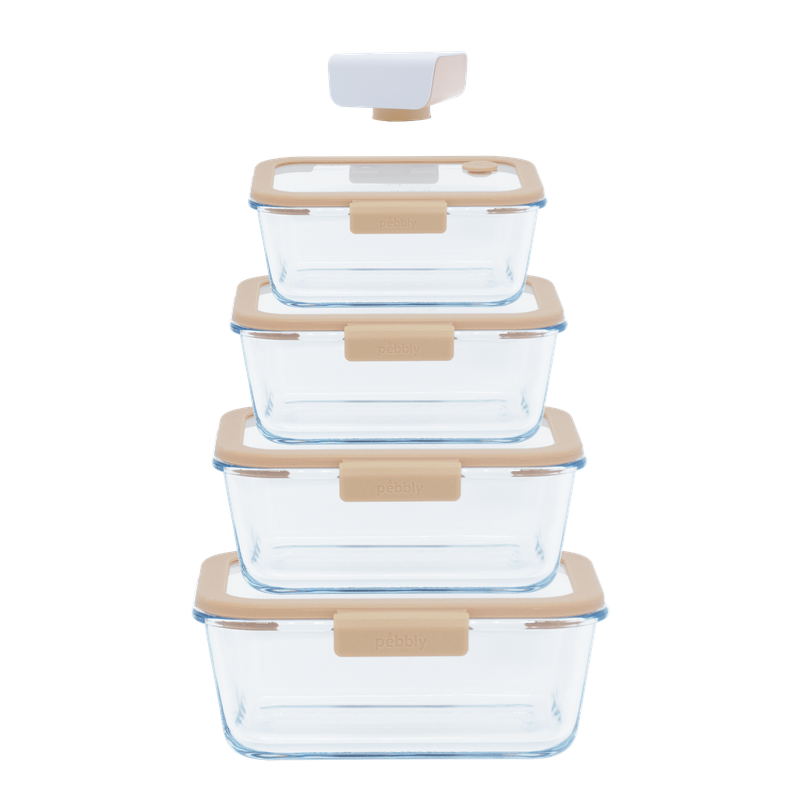 Pebbly 5 Piece Set: 4 Rectangular Glass Storage Boxes & Air Vacuum Pump