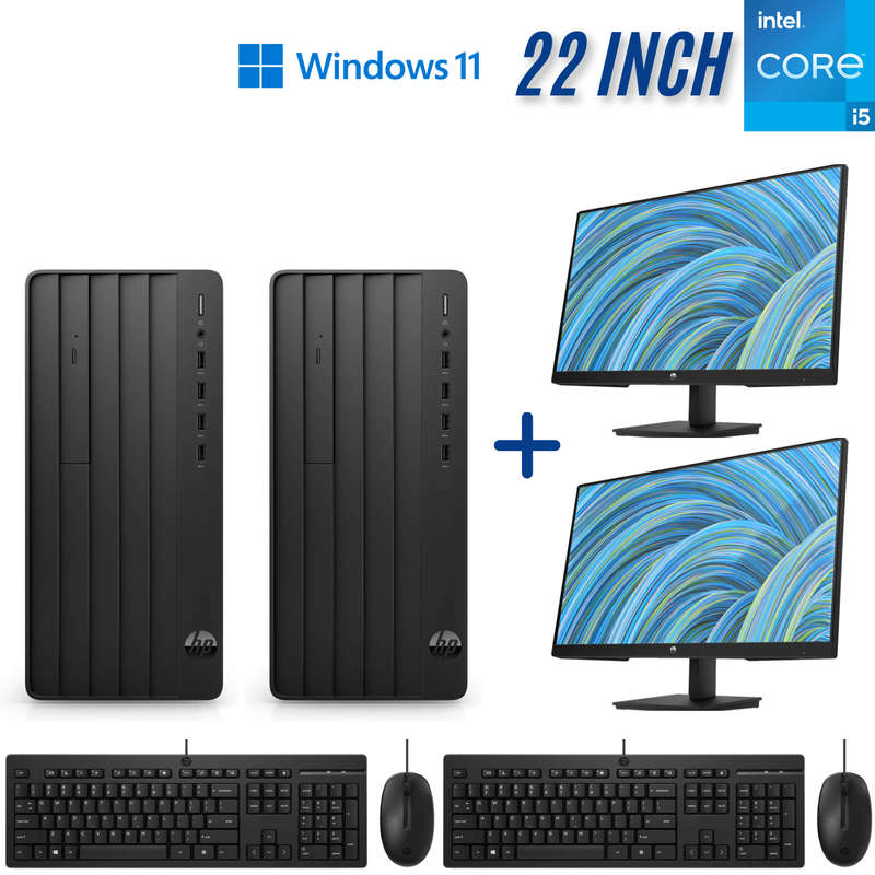 2 x HP 290 G9 Tower Desktop Computer Bundle - i5 12400 - 8GB PC4 - 256GB SSD - Win11Pro - HP P22v...