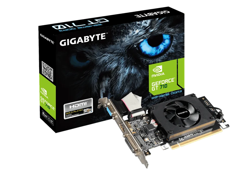 GIGABYTE Graphics nVidia GeForce® GT 710 2GB GDDR3 64Bit . 1x Dual-Link DVI-D; 1x HDMI; 1x VGA; ...