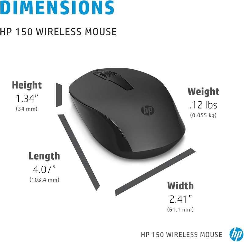 HP 150 Wireless Mouse, 3-Button with Dual Control Scroll Wheel 1600 DPI Optical Sensor with Ergon...