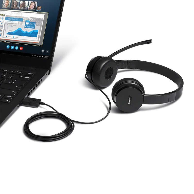 Lenovo 100 USB Stereo Headset 1.8m|Noise Cancelling Mic|Protein Leather|Memory-Foam Ear Cup|Rotat...