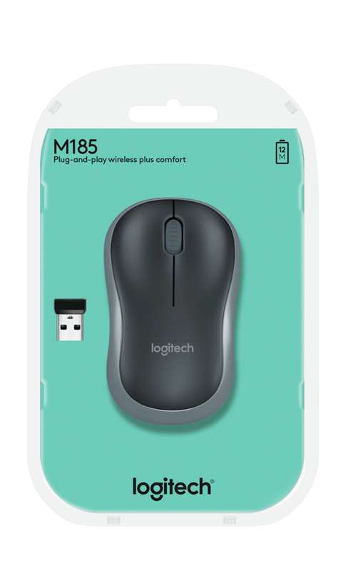 Logitech Wireless Mouse M185 (Black & Swift Grey) Nano USB receiver 3 buttons optical tracking wi...